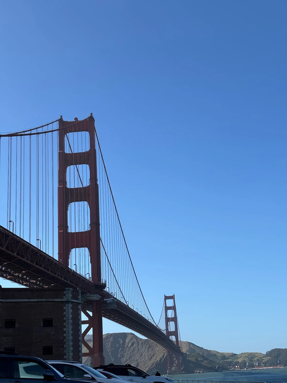 The Golden Gate Bridge against a blue San Francisco sky.