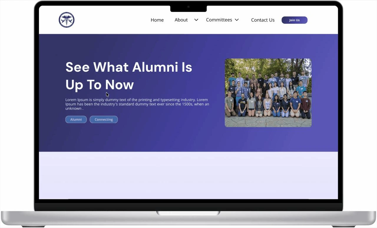 JCC Alumni page in a laptop, with a community photo, purple hero, and Alumni and Connecting shortcuts.