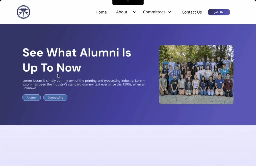Upper Alumni interface with a JCC logo and navigation, See What Alumni Is Up To Now headline, community photo, and Alumni and Connecting buttons.