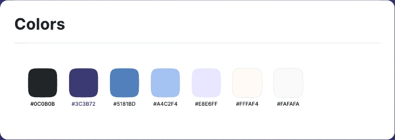 Team design system palette with dark ink, purple, blue, pale blue, lavender, cream and white.