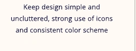 Team analysis excerpt: keep design simple and uncluttered, with icons and a consistent color scheme.