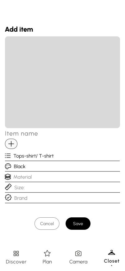 Mid-fidelity Add item form with a photo area, clothing attributes, and Cancel and Save actions.