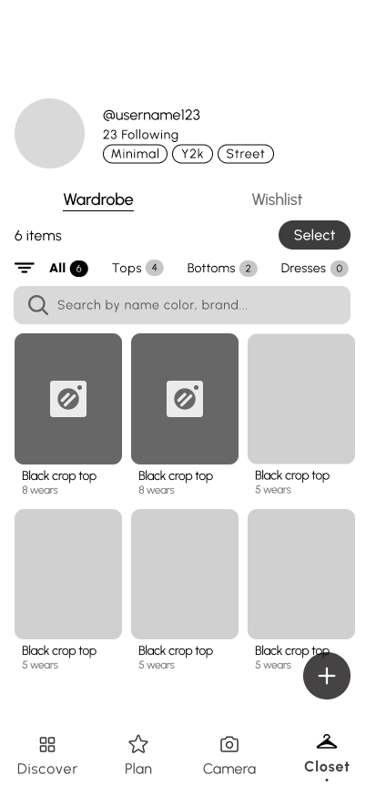 Mid-fidelity Closet grid with category filters, search, clothing items, and wear counts.