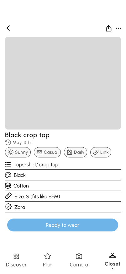 Mid-fidelity item details for a black crop top, including tags, material, size, brand, and Ready to wear action.