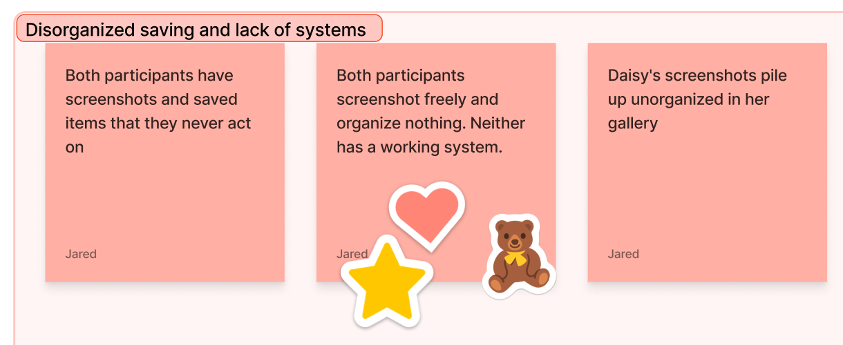 Selected team synthesis notes describe saved screenshots that are not acted on, unorganized collections, and a lack of a working system.